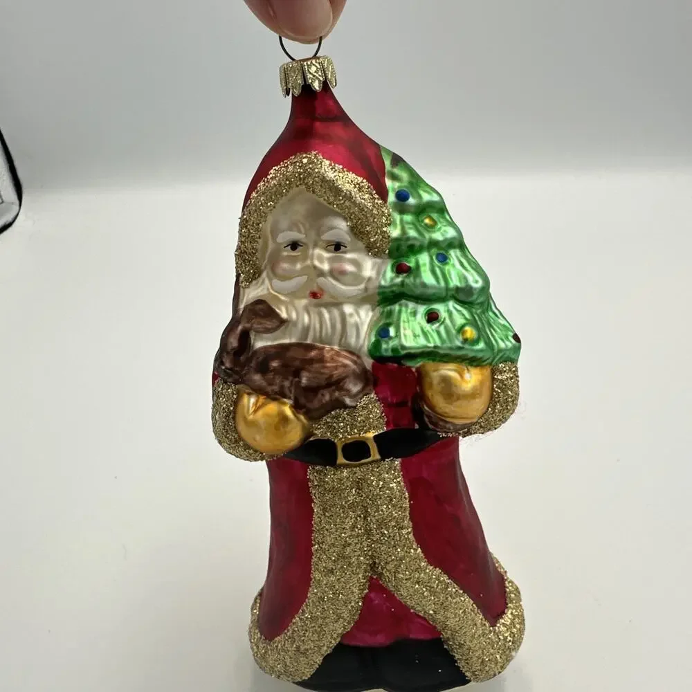 VTG German Blown Glass Santa Ornament Christmas Red Gold Glitter‎ Lauscha Style
